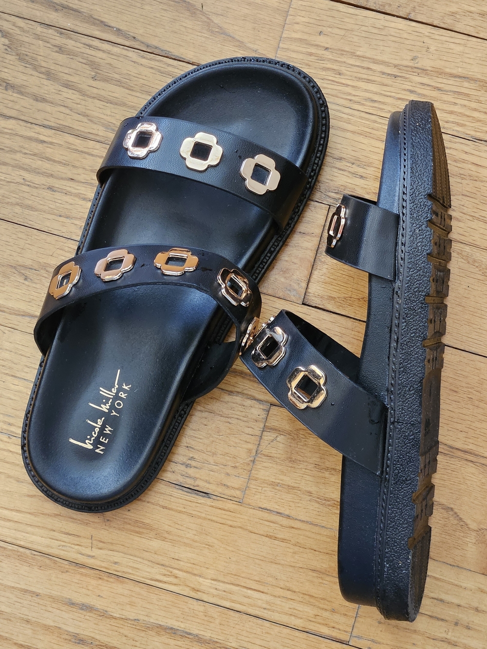 Nicole Miller Black Slide Sandals with Gold Accents - Picture 7 of 13